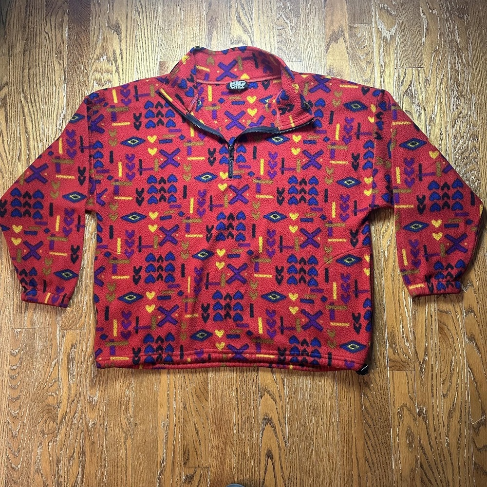 Vintage Big Chill Sweater Woman's Large Red Fleece Quarter Zip Geometric USA 90s